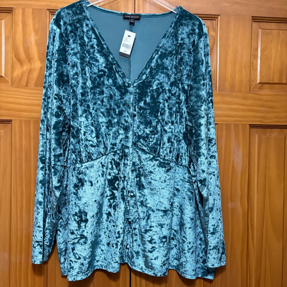 Lane Bryant Teal Crushed Velvet Blouse Size 26/28 NWT